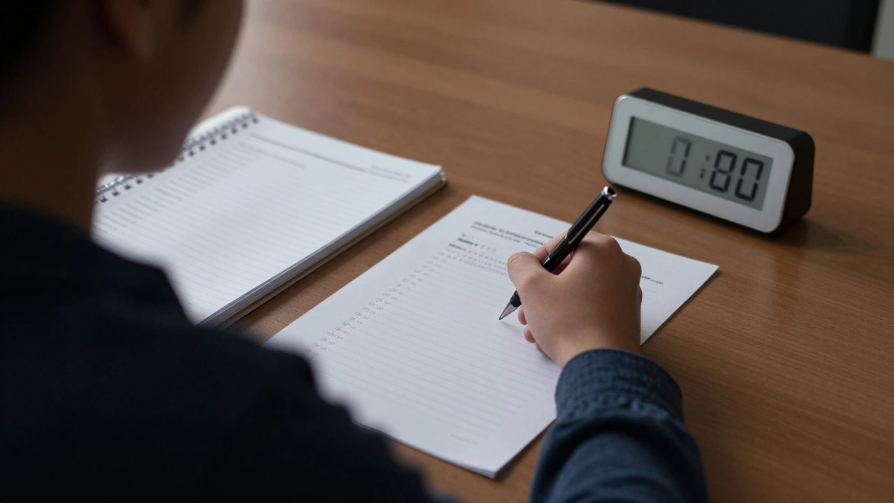 Student taking a timed mock test with an error log notebook