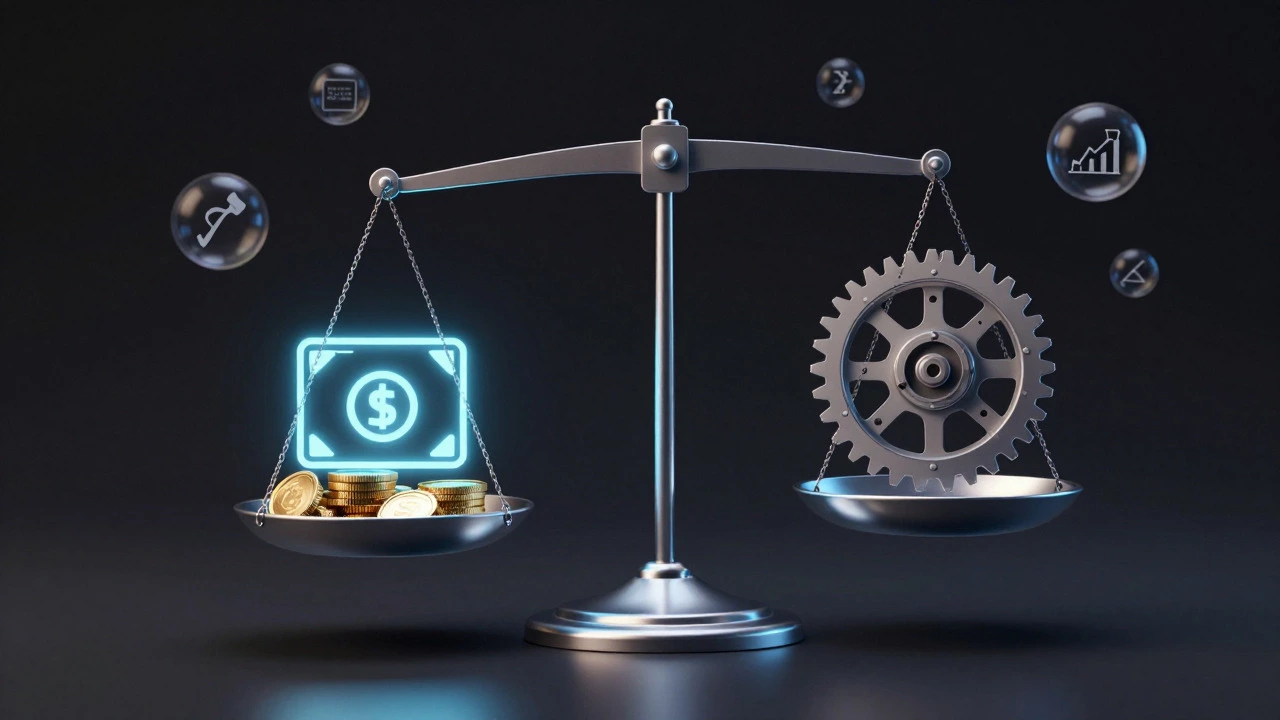 A 3D conceptual image of a balance scale weighing money and certificates against time and skill gears