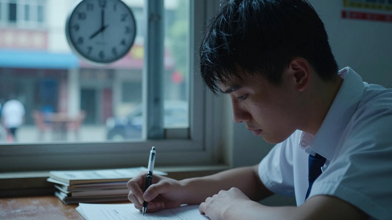 Close-up of a stressed student writing during the high-pressure Chinese Gaokao exam.