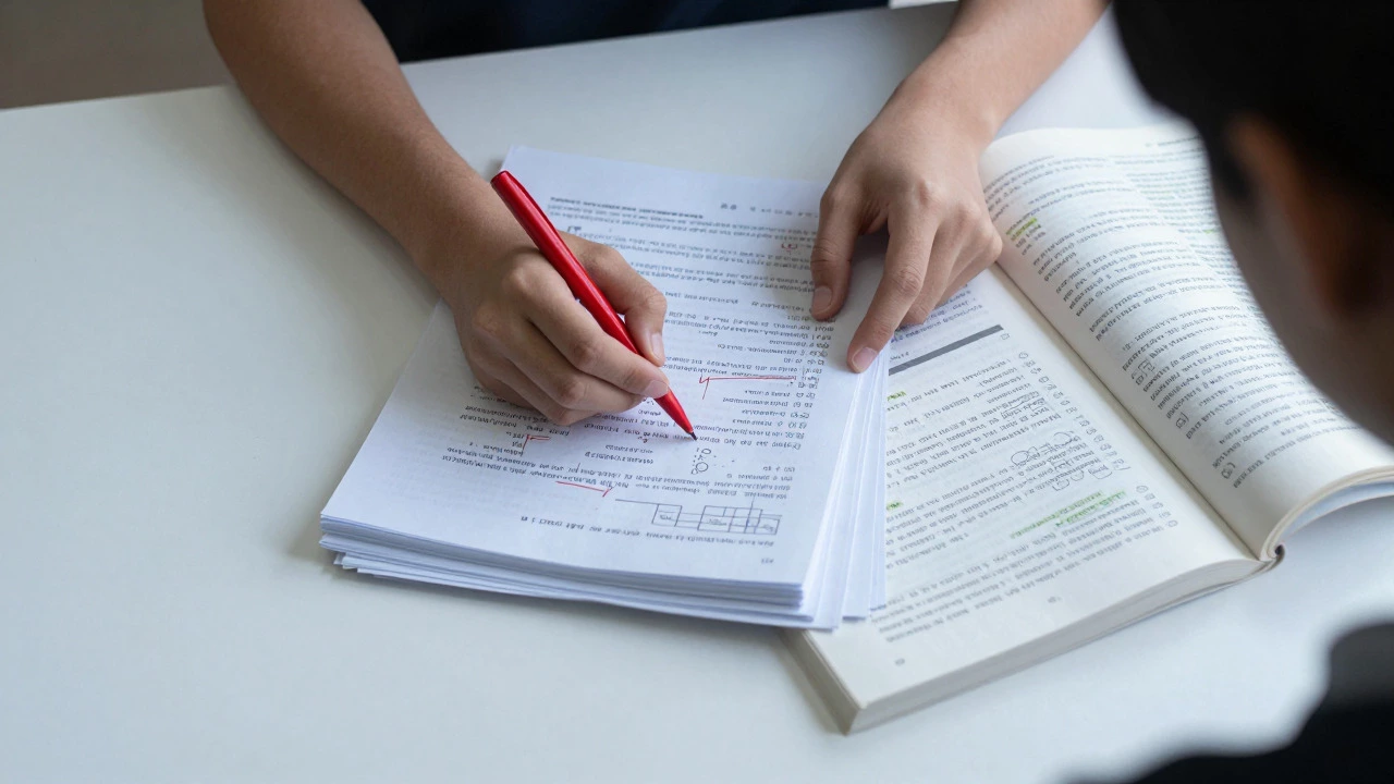 Hands marking important sections on previous year exam papers and a textbook