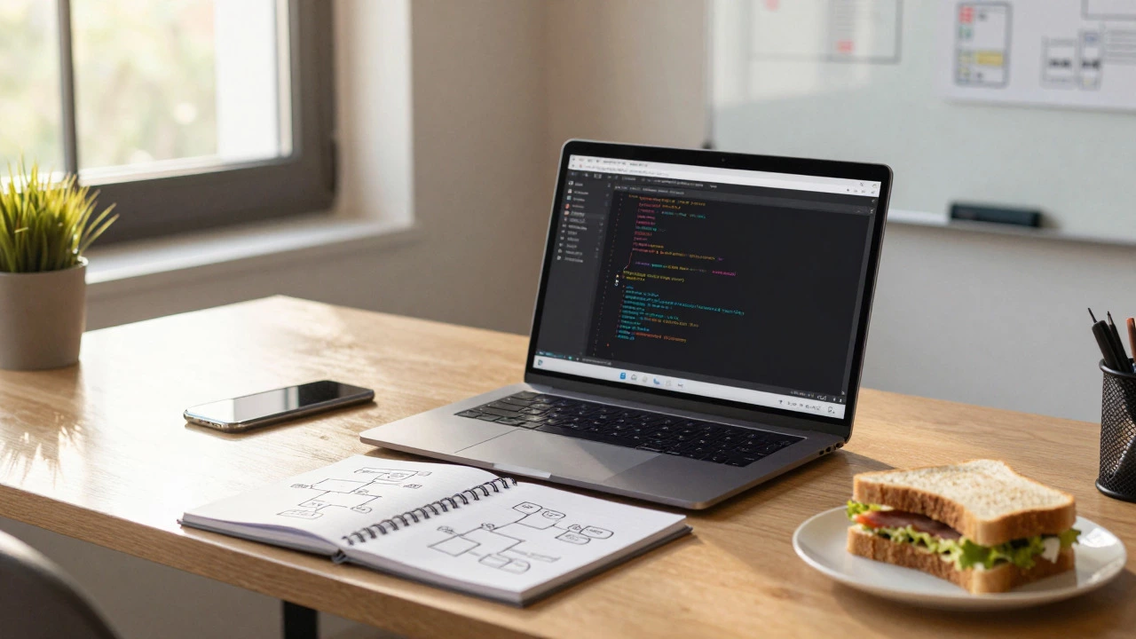 Junior developer's desk with laptop, notes, and coffee during job search.
