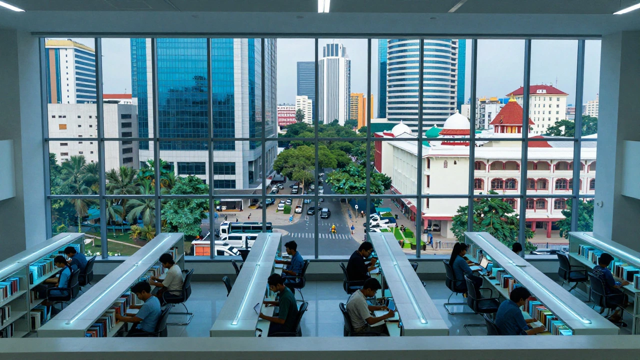 Library interior in Hyderabad overlooking modern city skyline