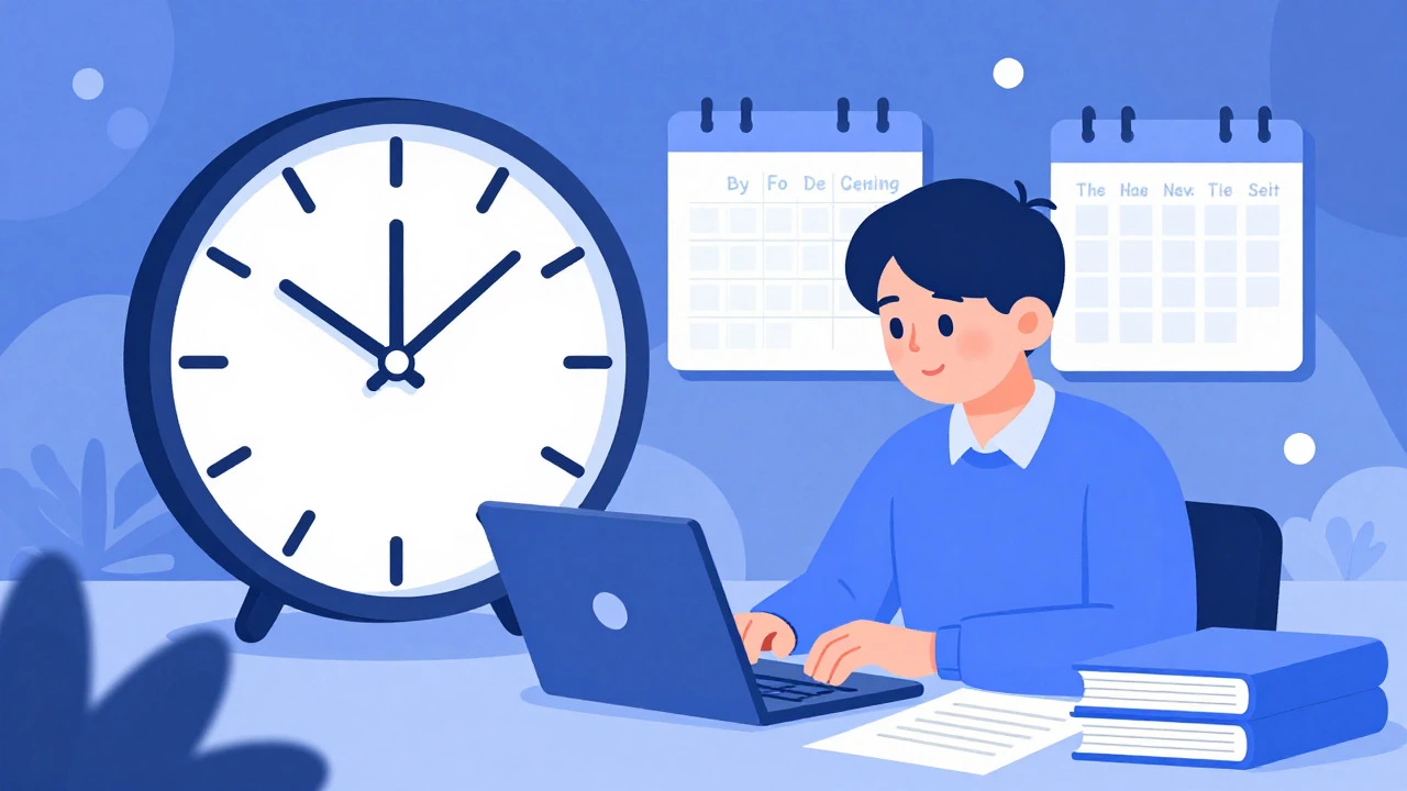 Student organizing study schedule with clock and calendar for discipline