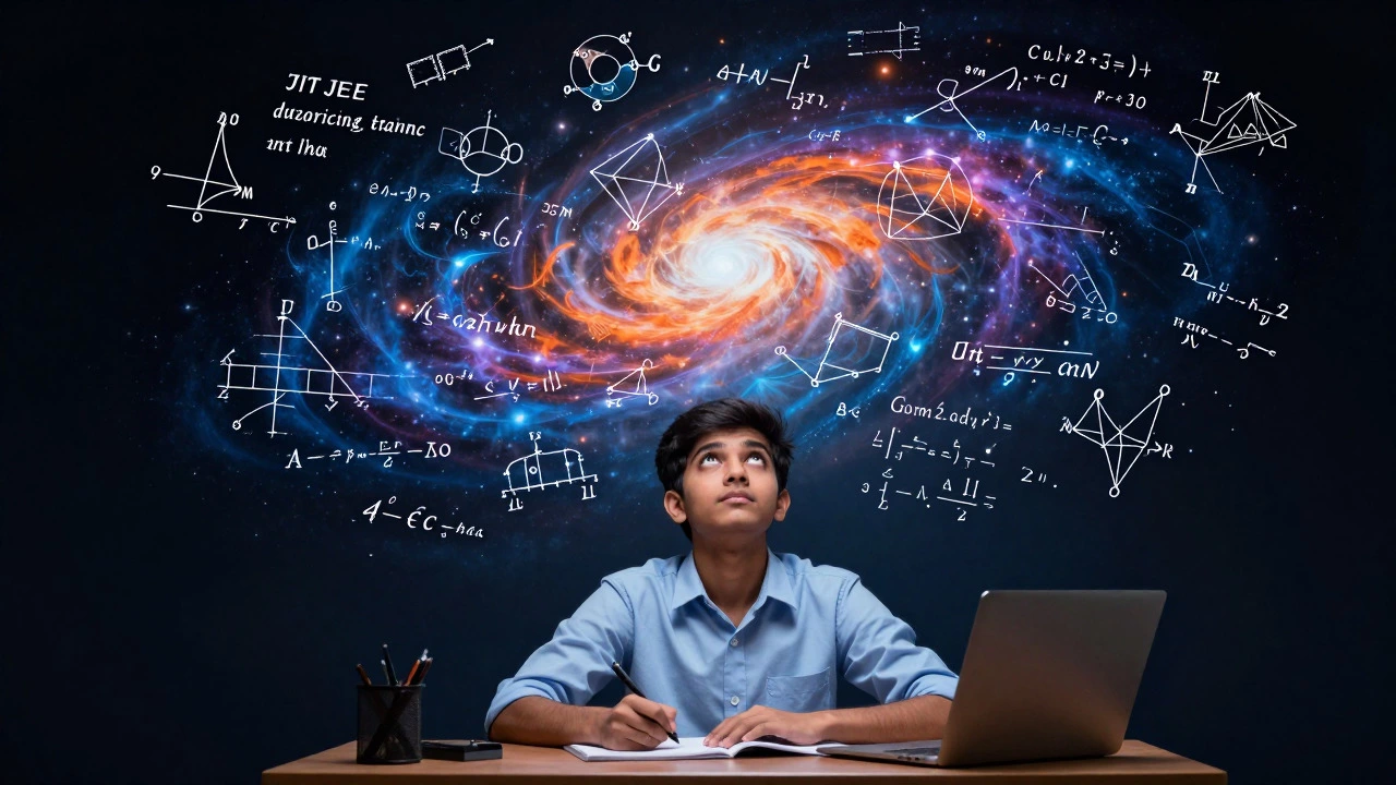 Student surrounded by floating physics equations representing the difficult IIT JEE exam.