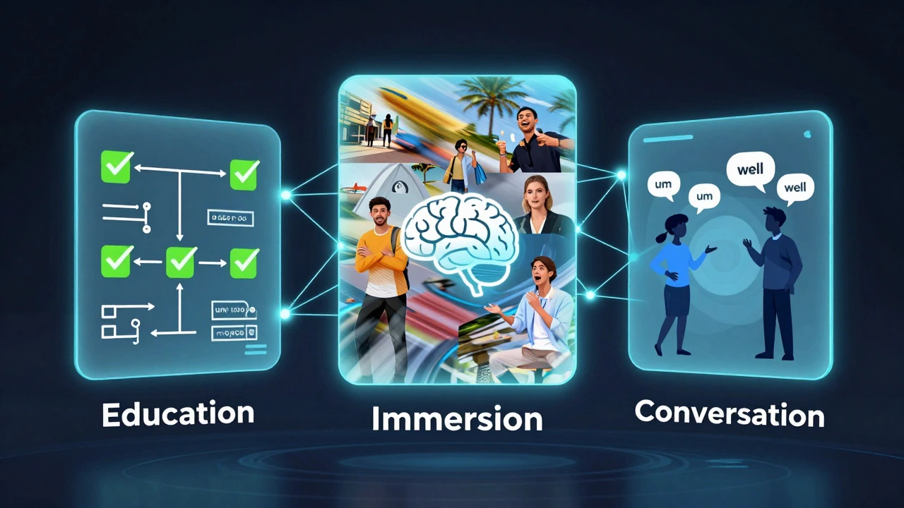 Three holographic panels showing education, immersion, and conversation methods