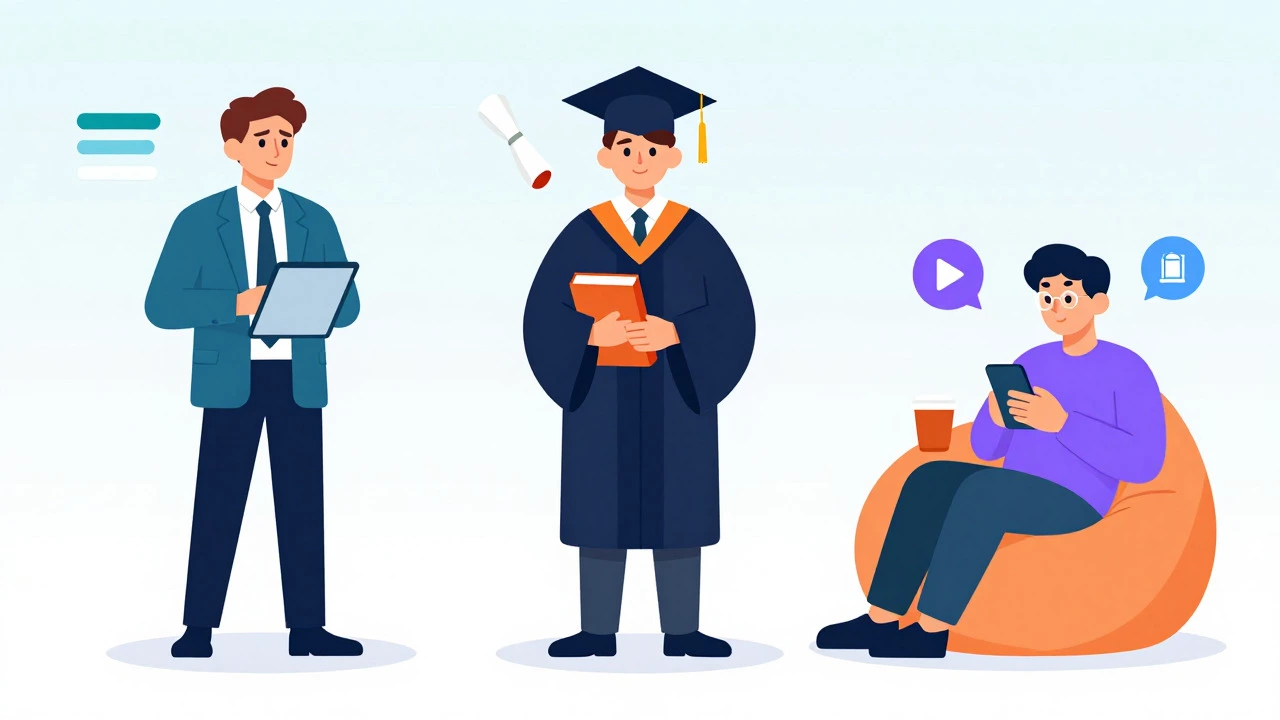 Vector illustration of three types of online learners: a career changer, a student, and a casual learner