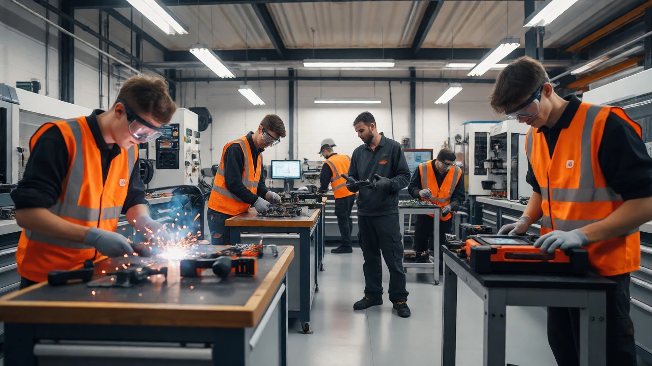 Apprentices working in a modern technical workshop with instructors
