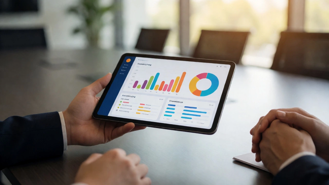 Candidate presenting a data visualization dashboard on a tablet to a recruiter.