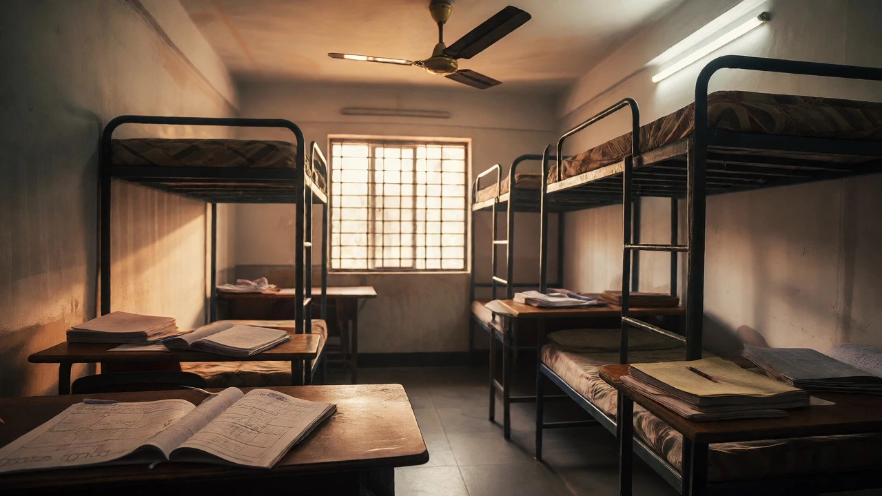 Cluttered shared hostel room with study materials in India