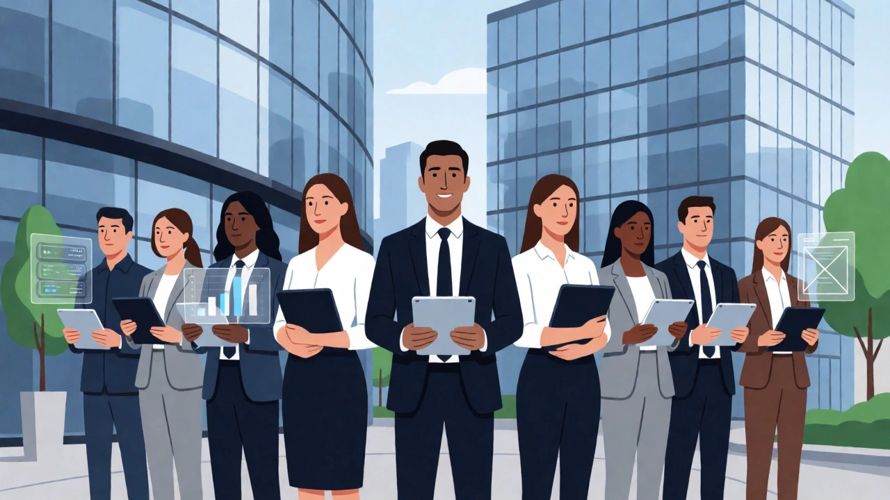 Diverse job seekers holding portfolios outside modern tech offices, showcasing skills.