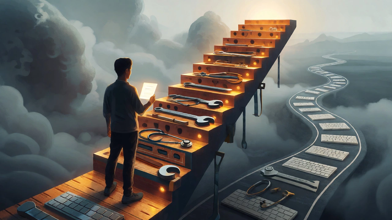 Person standing on a ladder of vocational tools looking forward