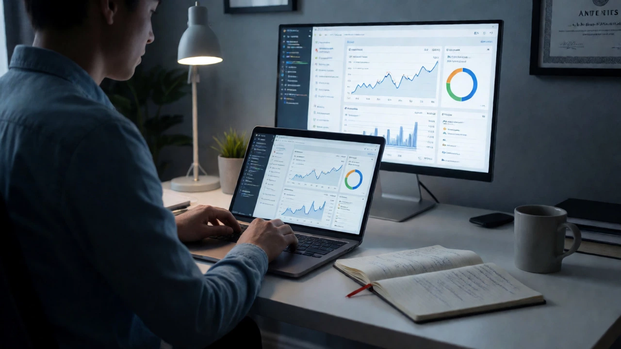 Professional studying data science on laptop in focused home office