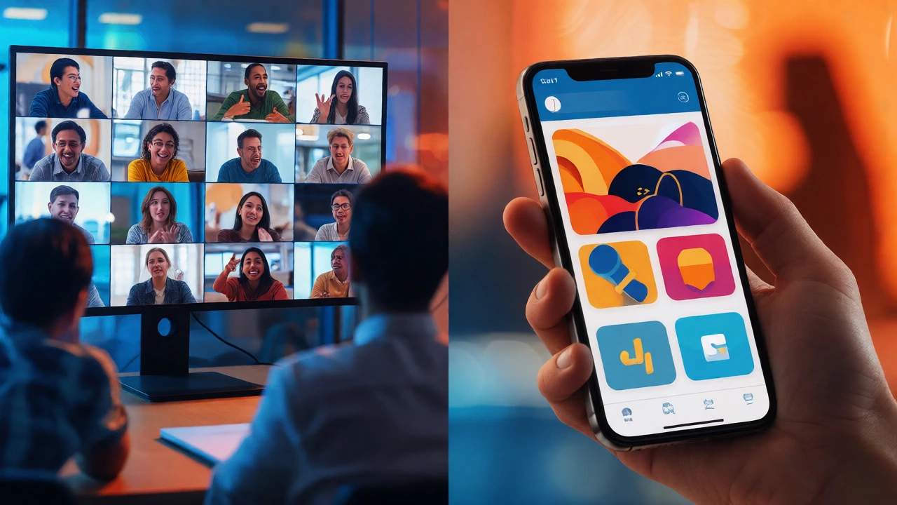 Split view of a live virtual class video call and a mobile learning marketplace app.