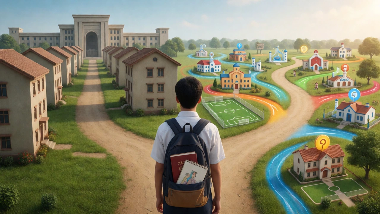 Student at a crossroads between standardized exam paths and diverse extracurricular opportunities.