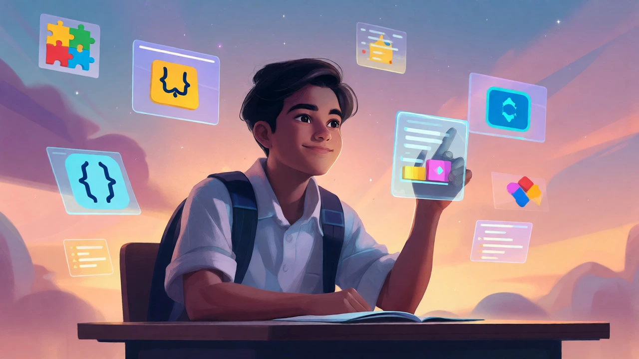 Student interacting with floating coding concept icons
