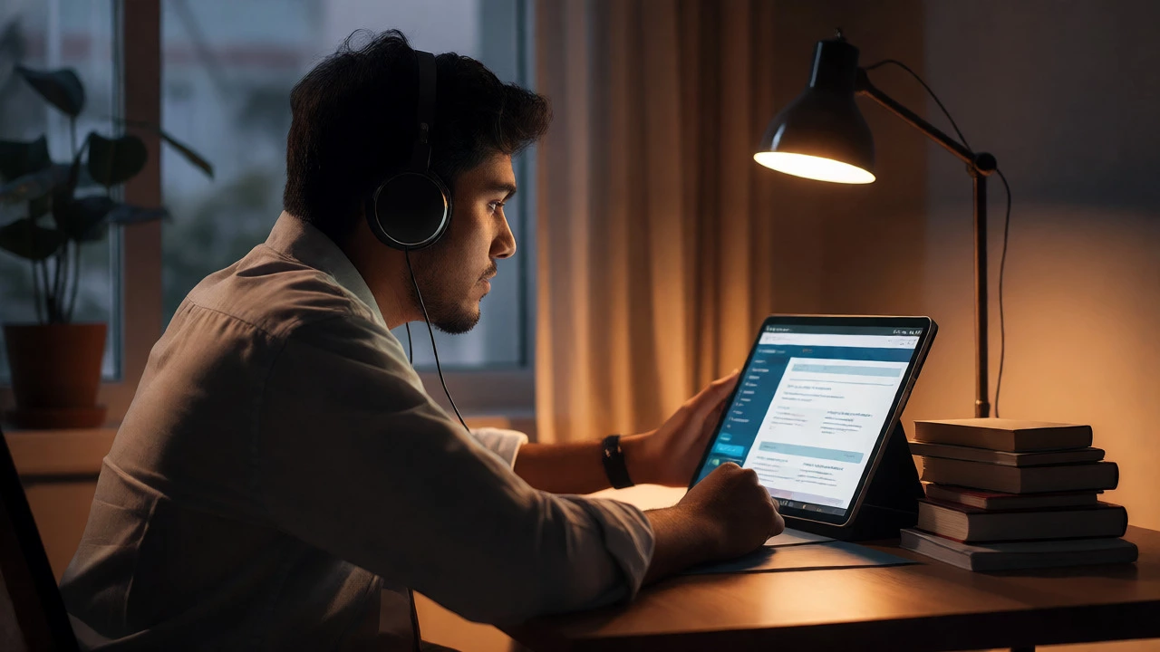 Young professional studying a MOOC lecture on a tablet in a dimly lit home office.