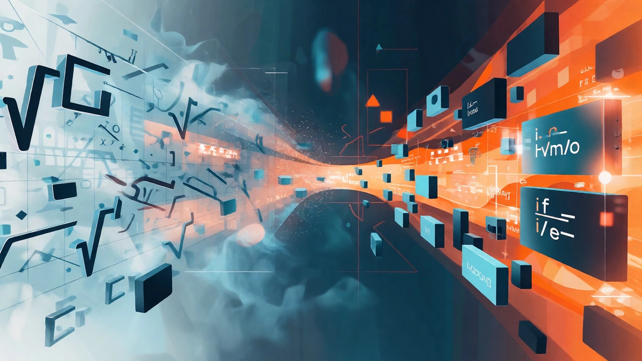 Abstract visualization of math symbols fading away as code structures form a clear, glowing pathway.