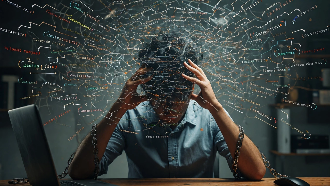 Conceptual image of a developer overwhelmed by swirling code and logic errors, representing mental fatigue.