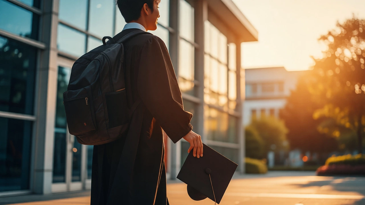 Confident MBA graduate leaving campus during golden hour