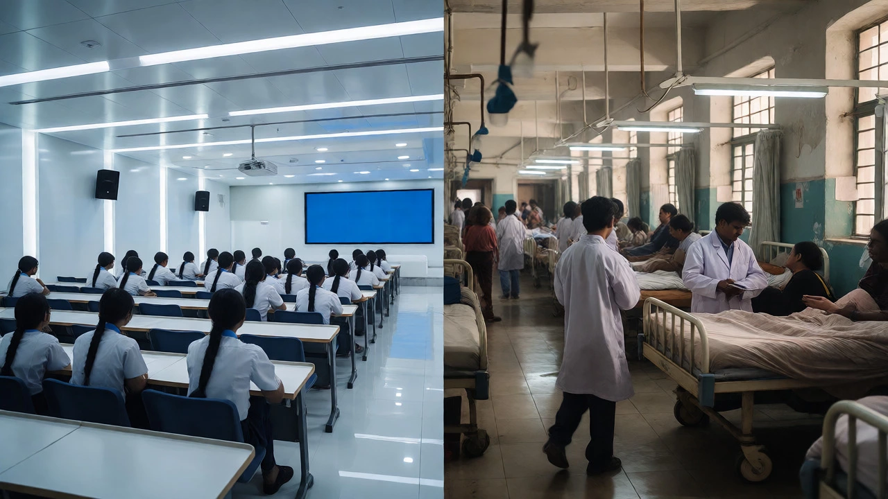 Contrast between modern private college and busy government hospital