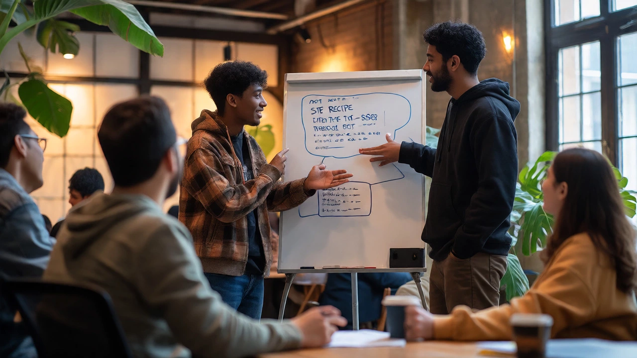 Diverse team collaborating around a whiteboard in a bright, welcoming co-working space.