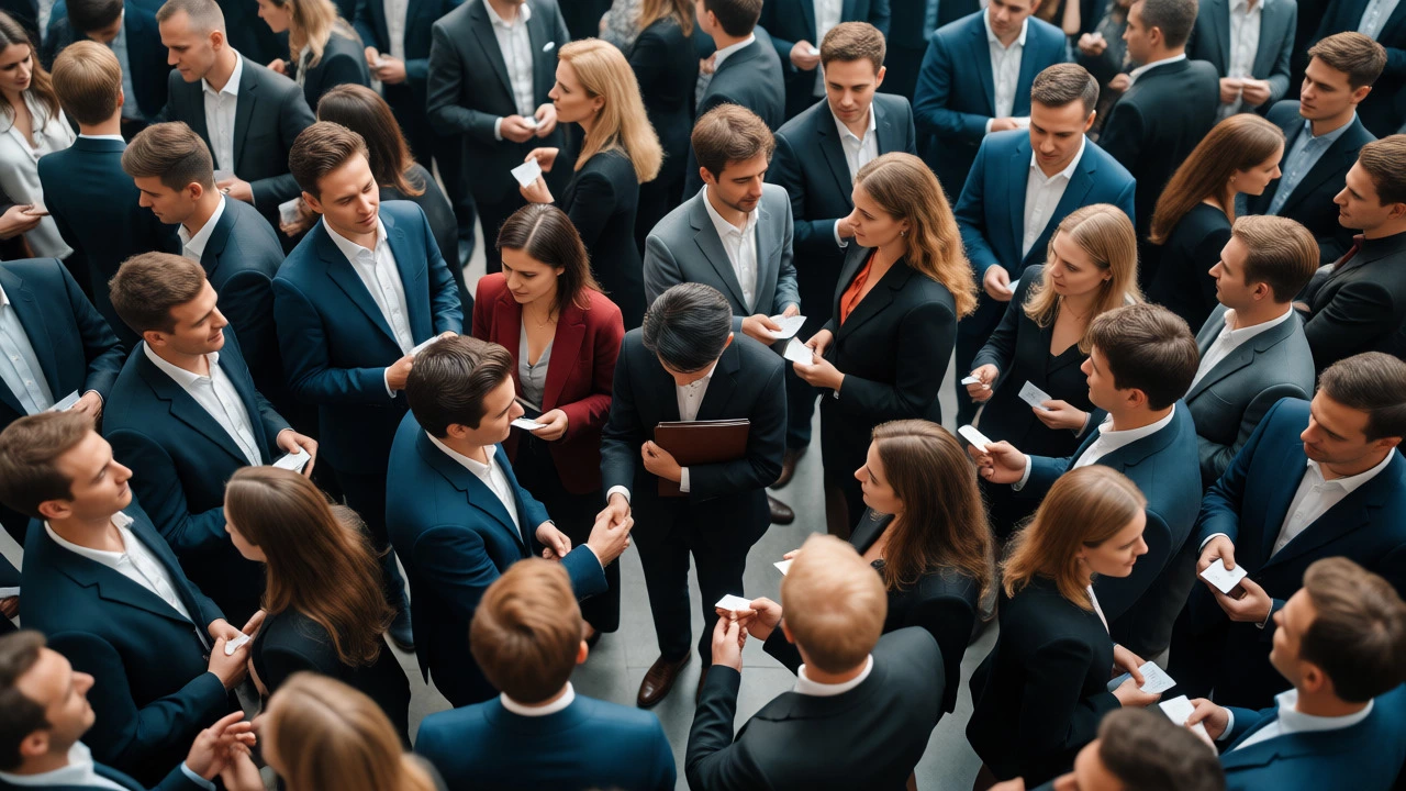 Overwhelmed student navigating a crowded business networking event