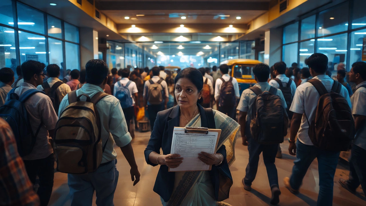Senior chemistry teacher walking through busy Delhi coaching center corridor