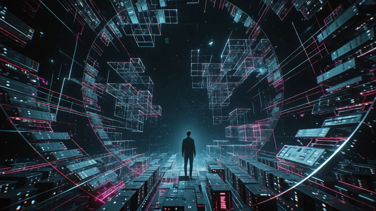 Solitary figure on a digital hamster wheel surrounded by shifting tech frameworks, symbolizing constant learning pressure.