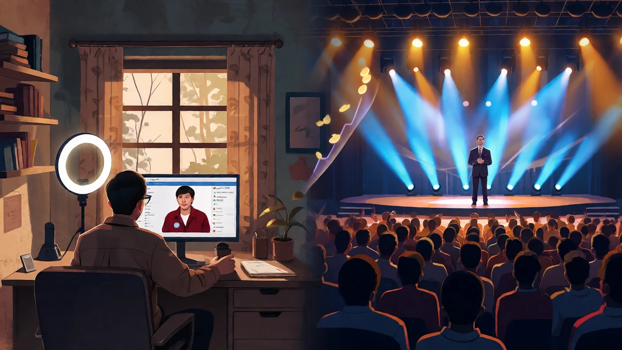 Split view of online home tutoring versus large metro stage teaching