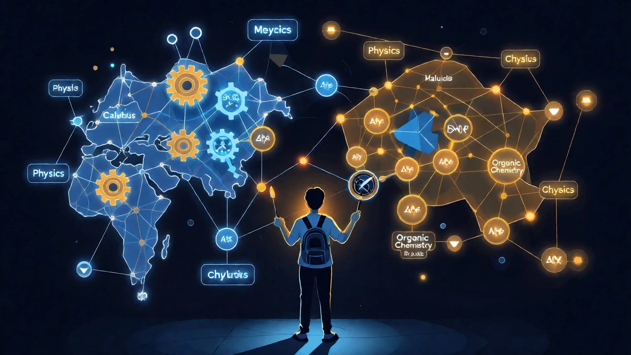 Student navigating a glowing conceptual map of the JEE syllabus