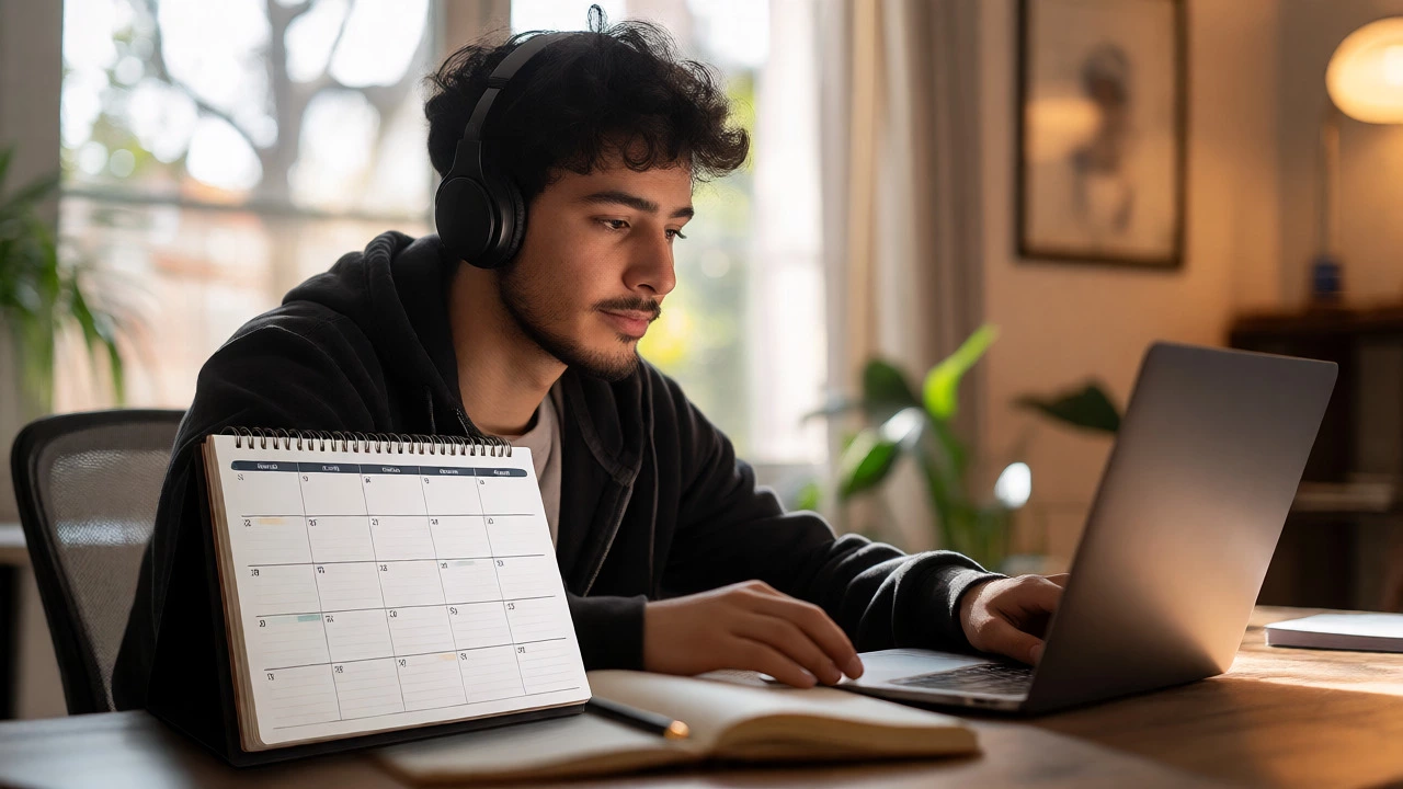 Student studying at a desk with a planner to manage time and stay disciplined