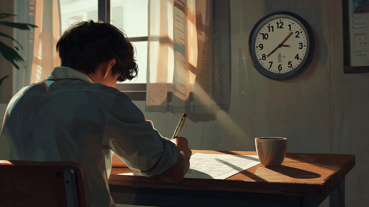 Student taking a timed mock exam at home with sunlight streaming in